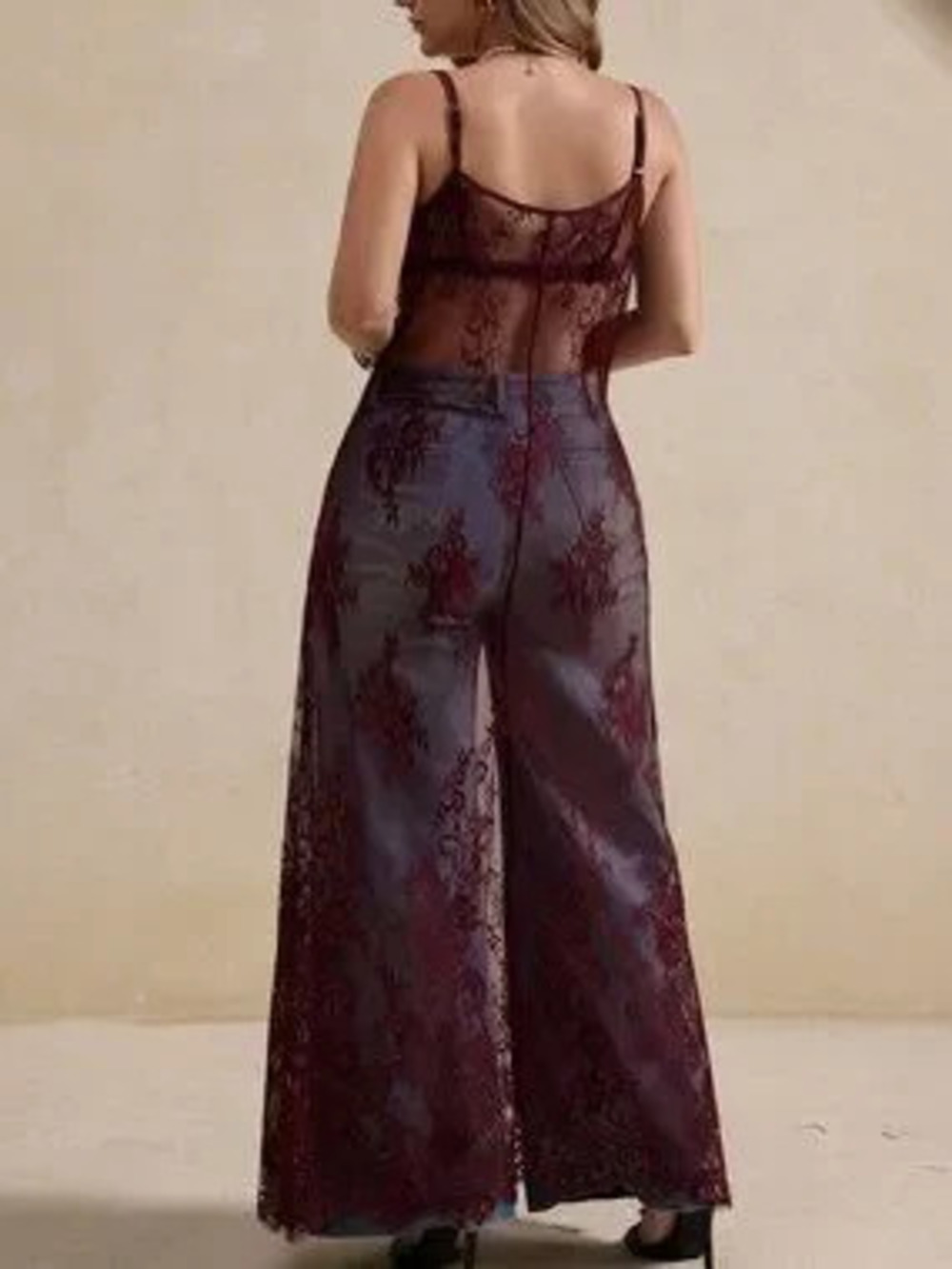 ZARA Burgundy Sexy Women's Plus Size Sheer Lace A-Line Spaghetti Strap Cami